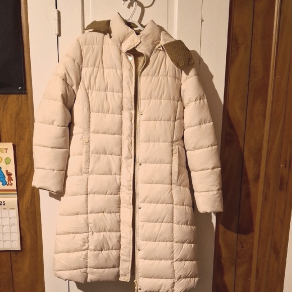 Cream Quilted Puffer Coat with Hood
